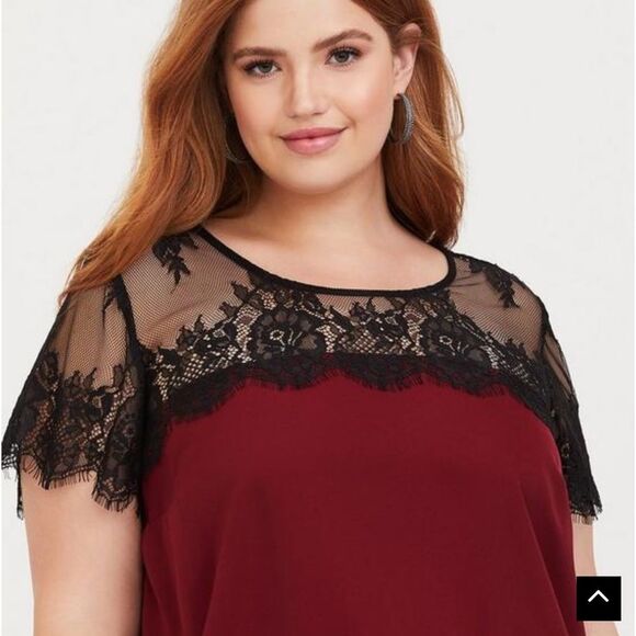 NWT TORRID Short Sleeve Red Satin With Lace Trim Blouse - Picture 3 of 6